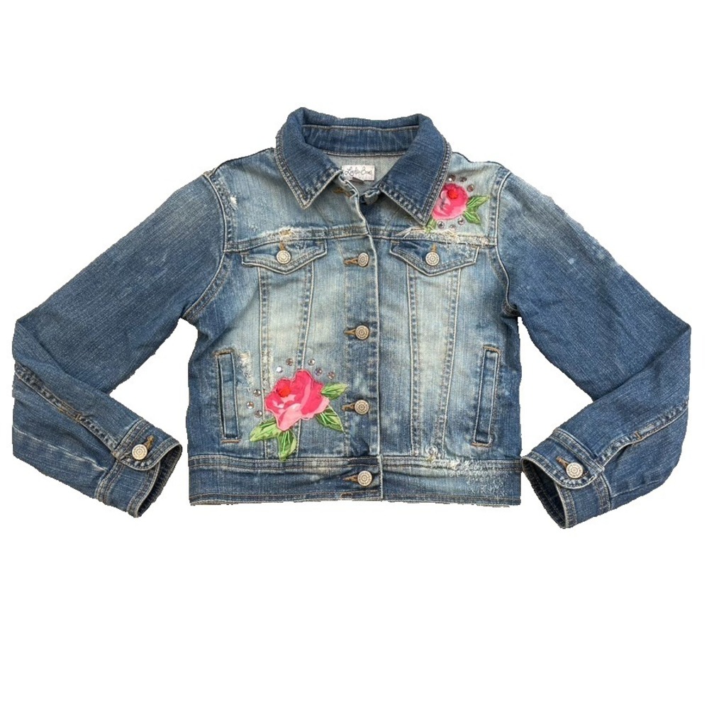 Lindsey Berns Jeans Jacket Girls 4T Blue Denim Pink Floral Rhinestone Coquette